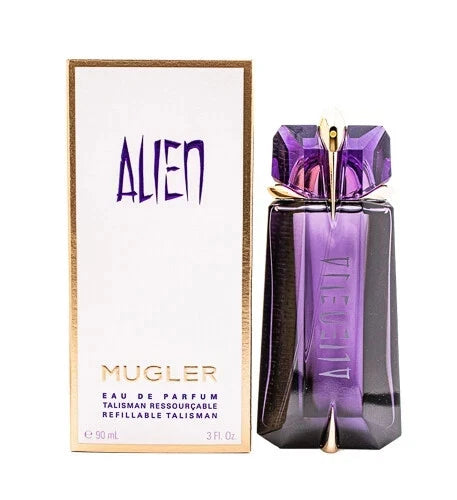 Mugler Alien Eau de Parfum 50ml bottle next to its white and gold packaging box, featuring a faceted purple cap and a purple-tinted glass bottle.