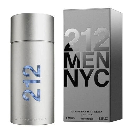Carolina Herrera 212 Men NYC Eau de Toilette bottle and packaging box, featuring a metallic silver design with blue and black lettering.