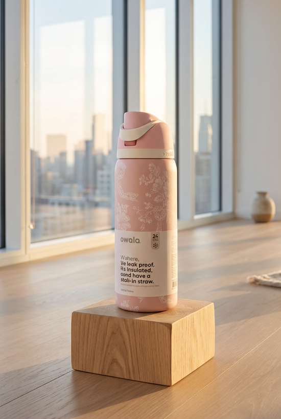 32-ounce Owala girls' pink ribbon portable water bottle - Free shipping