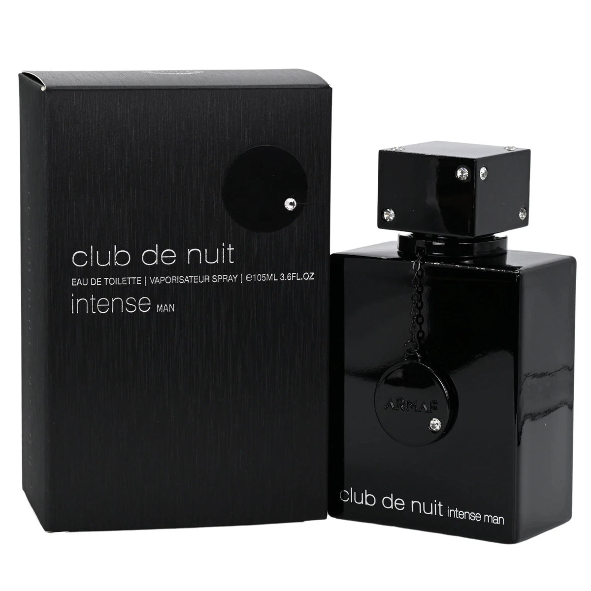Black perfume bottle and packaging labeled 'club de nuit intense' on a white background