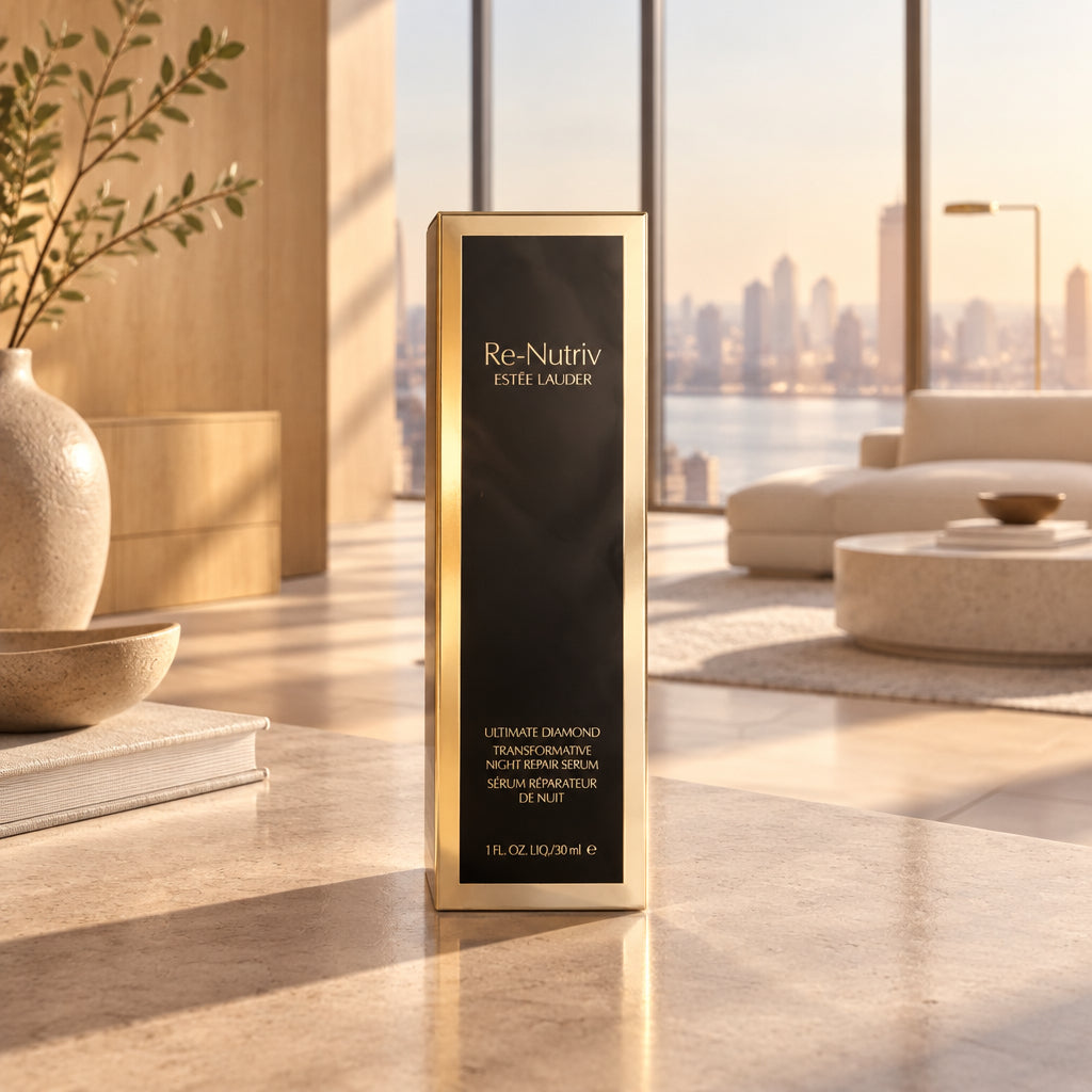 Estel Lauder Re-Nutriv Ultimate Radiance Serum in its original gold and black packaging, placed on a dark, scratched surface.