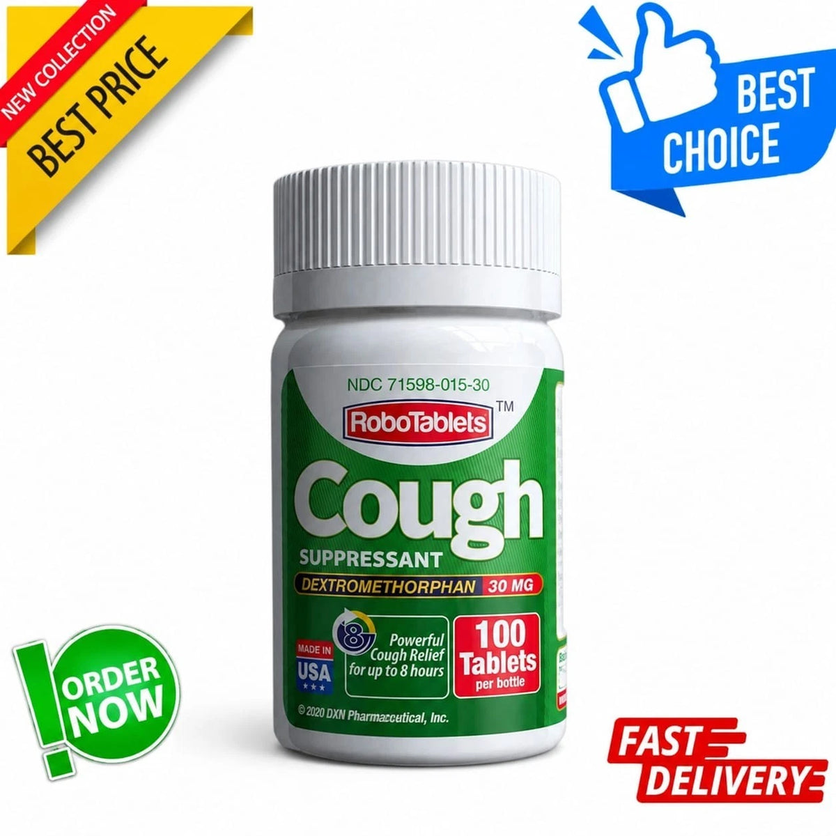 RoboTabs Cough suppressant 100 Tablets 30mg of Dextromethorphan Free-ship