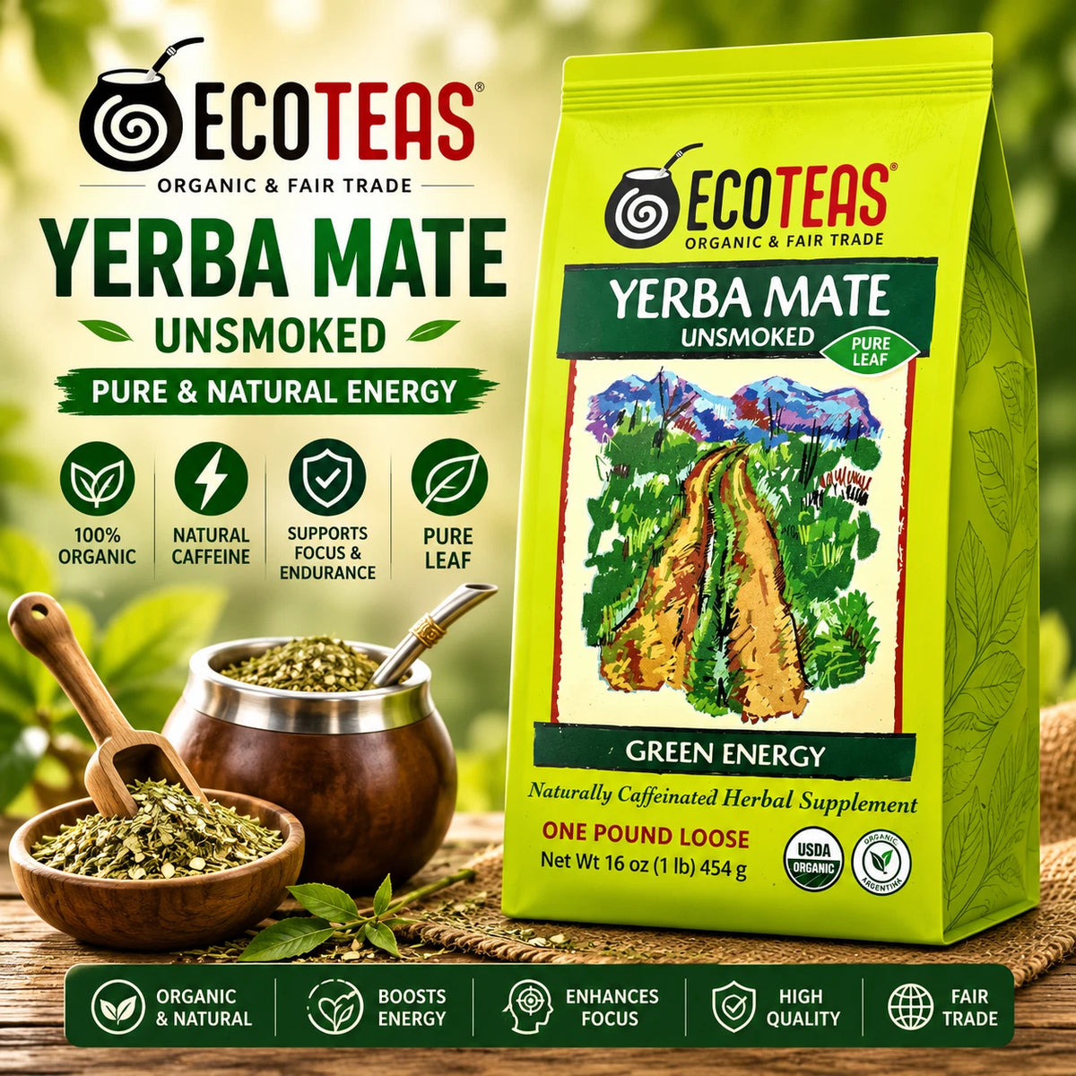 Loose Yerba Mate, Green Energy, Unsmoked, 16 oz (454 g)