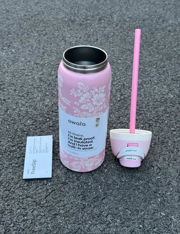 32-ounce Owala girls' pink ribbon portable water bottle - Free shipping