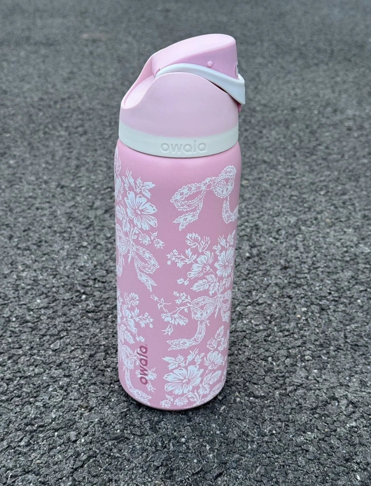 32-ounce Owala girls' pink ribbon portable water bottle - Free shipping