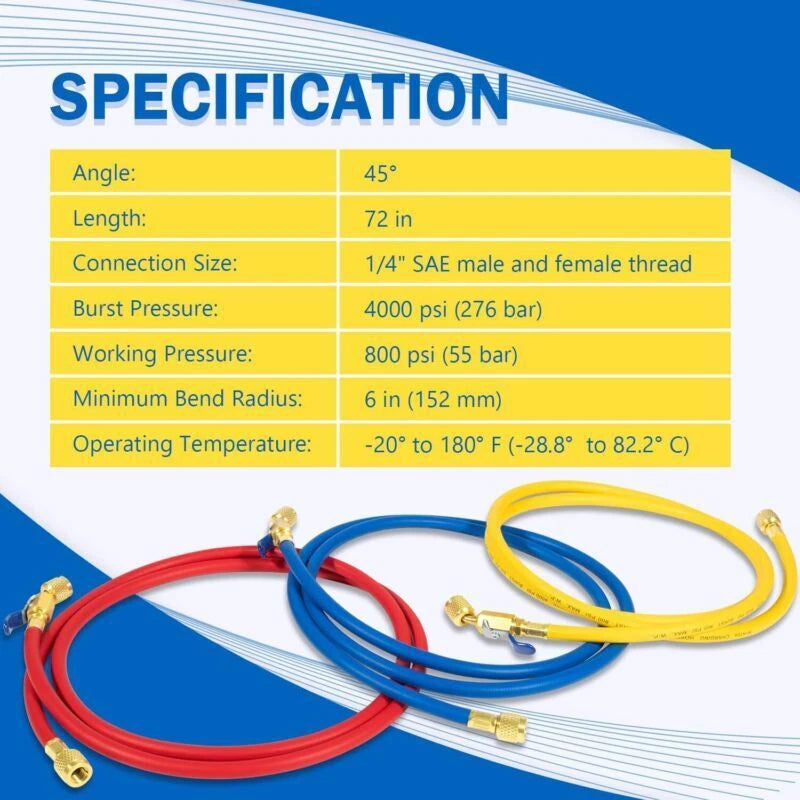 29986 Plus II 1/4" Hose w/ Compact Ball Valve End Refrigerant Charging Hose 72"
