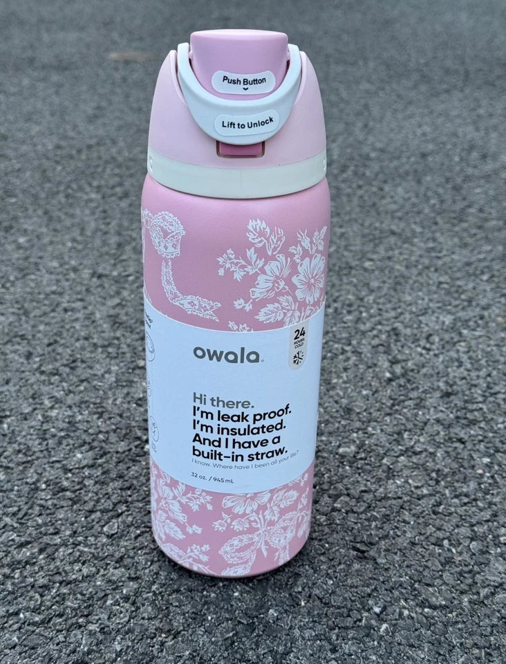 32-ounce Owala girls' pink ribbon portable water bottle - Free shipping