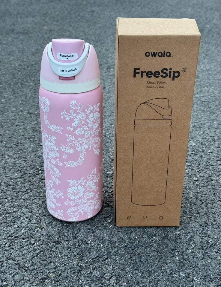 32-ounce Owala girls' pink ribbon portable water bottle - Free shipping