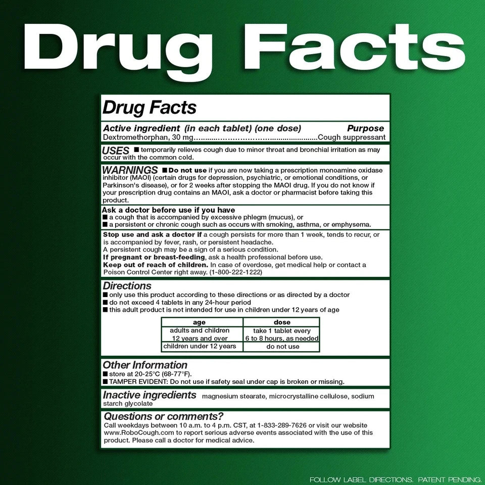 RoboTabs Cough suppressant 100 Tablets 30mg of Dextromethorphan Free-ship