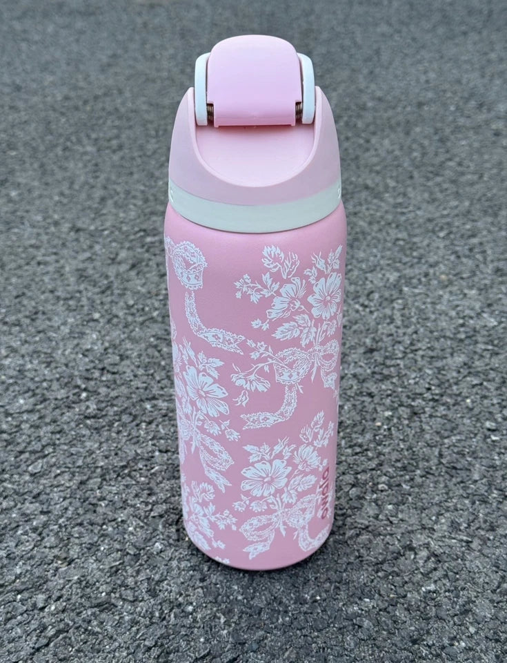32-ounce Owala girls' pink ribbon portable water bottle - Free shipping