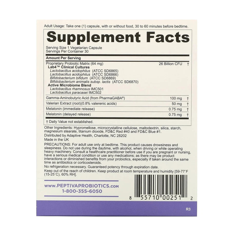Peptiva 26 Billion Multi-Strain Probiotic and Sleep Support 30 Capsules 03/2027